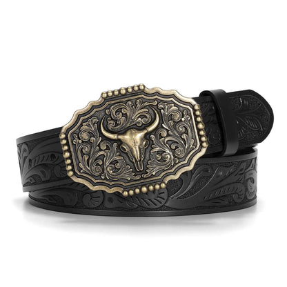 Western Leather Belt with Bull Buckle