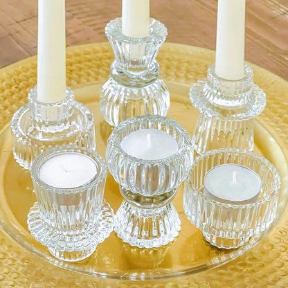 Vintage Ribbed Glass Candle Holders – 6 Pcs