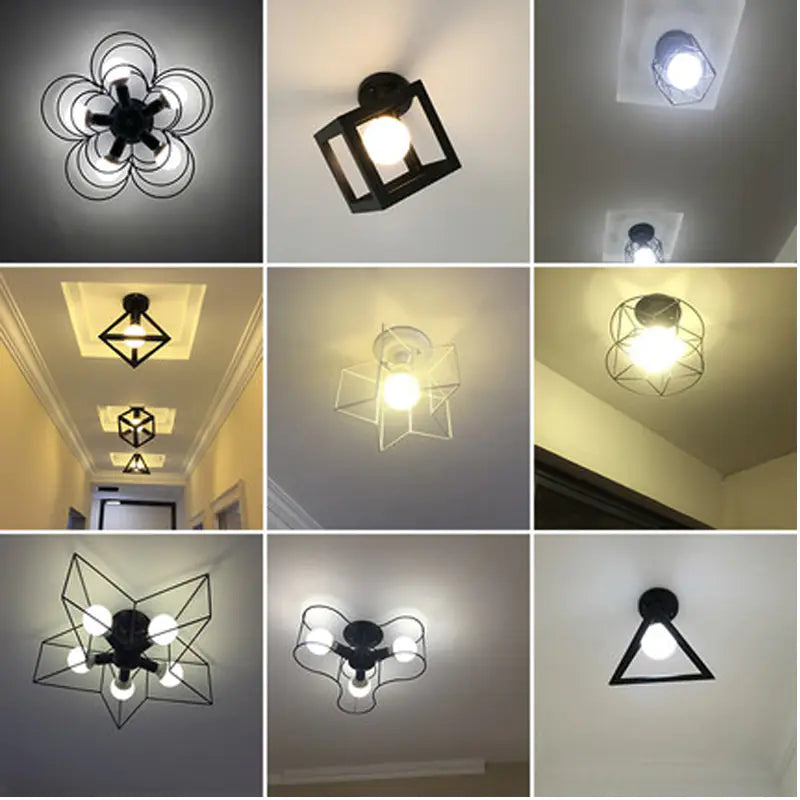 Vintage Black Iron Cage Ceiling Lamp